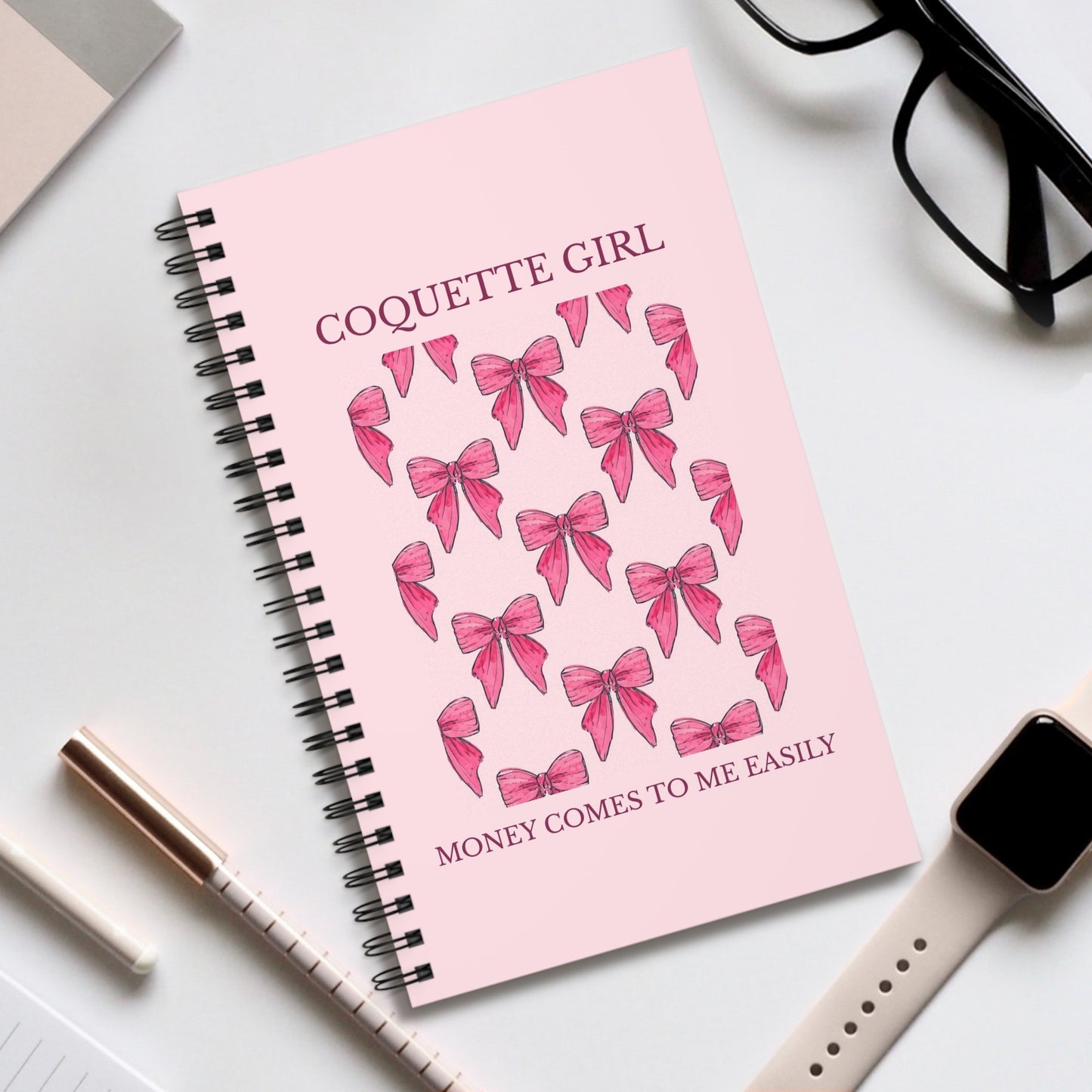 Coquette Girl Spiral Journal — Pink Bow Notebook with "Money Comes to Me Easily" Affirmation