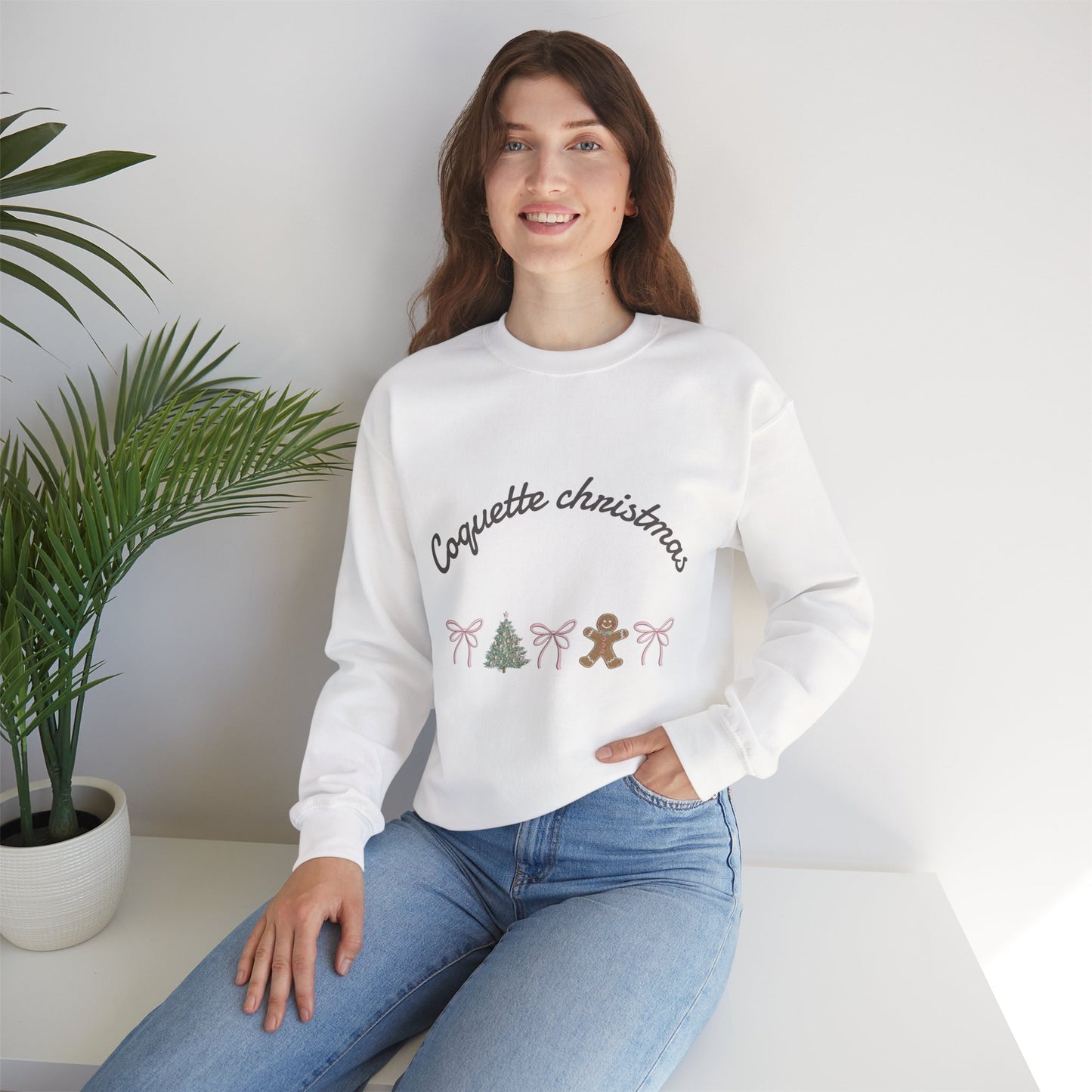 Christmas Crewneck Sweatshirt — "Coquette Christmas" Gingerbread & Tree Holiday Pullover