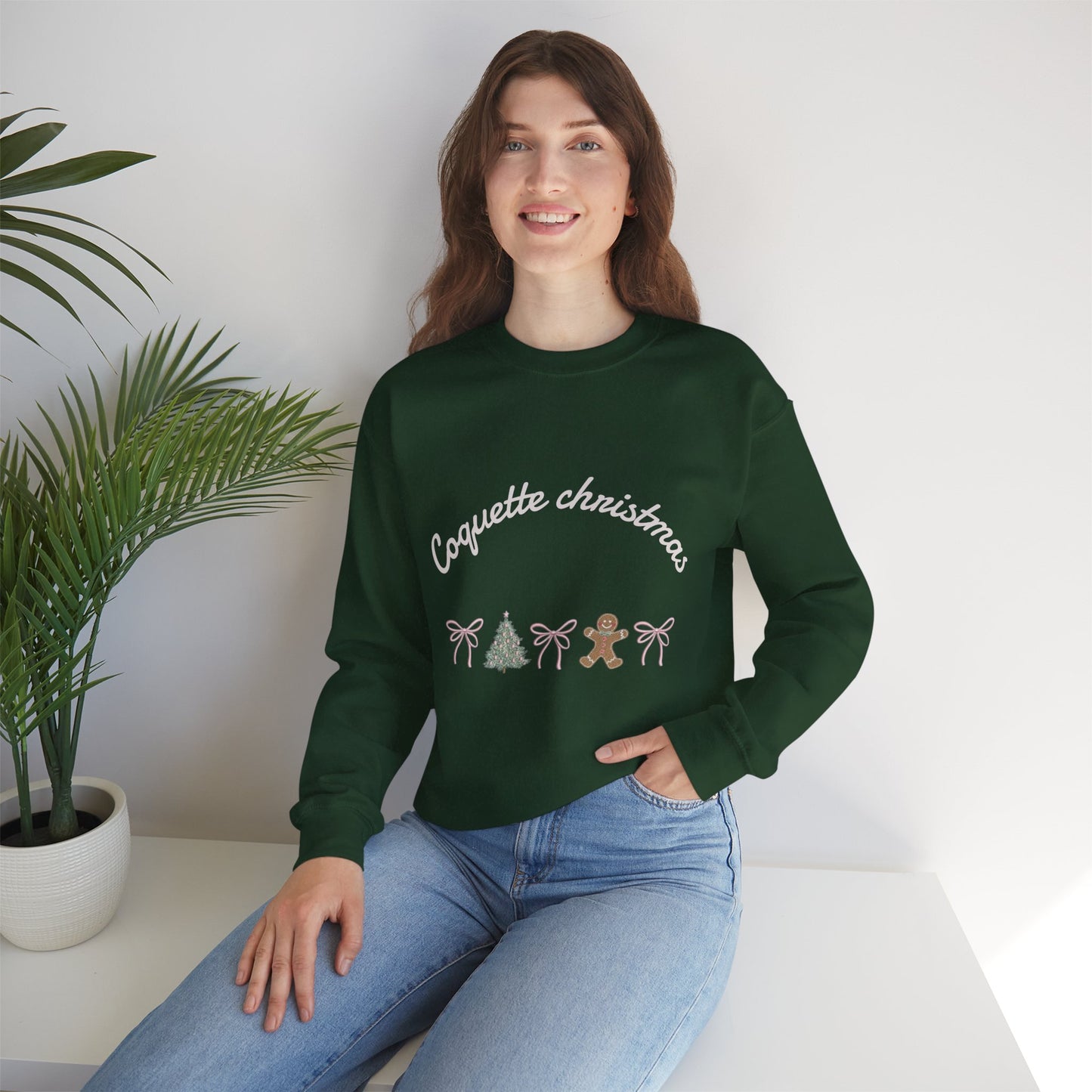 Christmas Crewneck Sweatshirt — "Coquette Christmas" Gingerbread & Tree Holiday Pullover