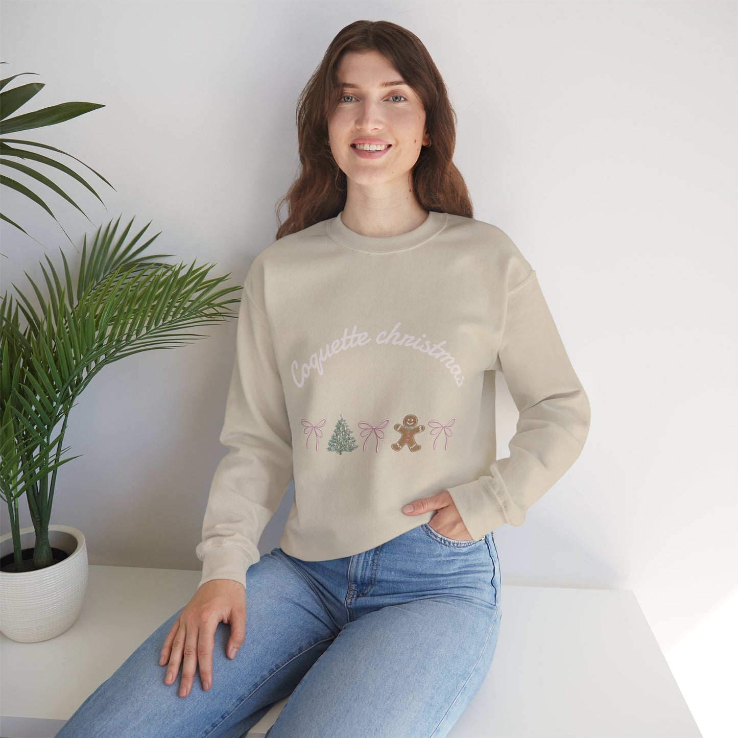 Christmas Crewneck Sweatshirt — "Coquette Christmas" Gingerbread & Tree Holiday Pullover
