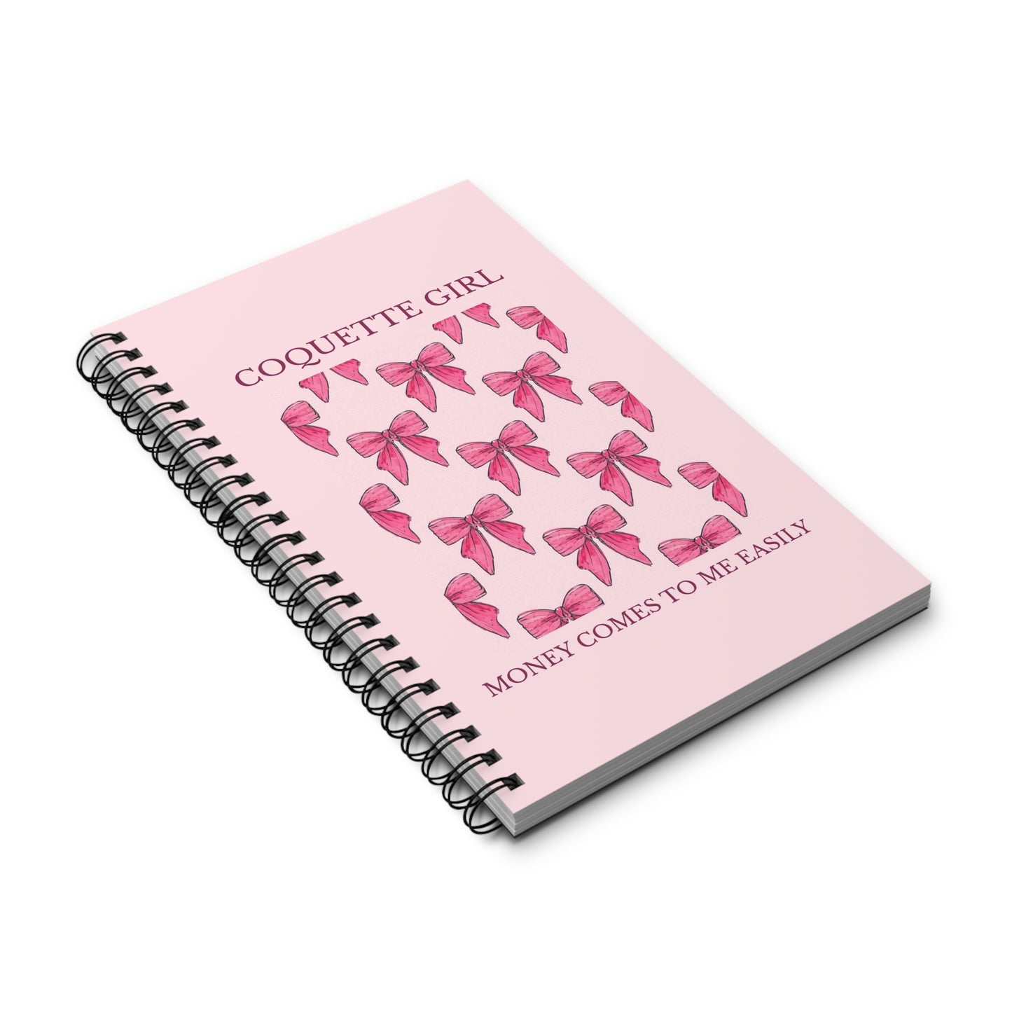 Coquette Girl Spiral Journal — Pink Bow Notebook with "Money Comes to Me Easily" Affirmation