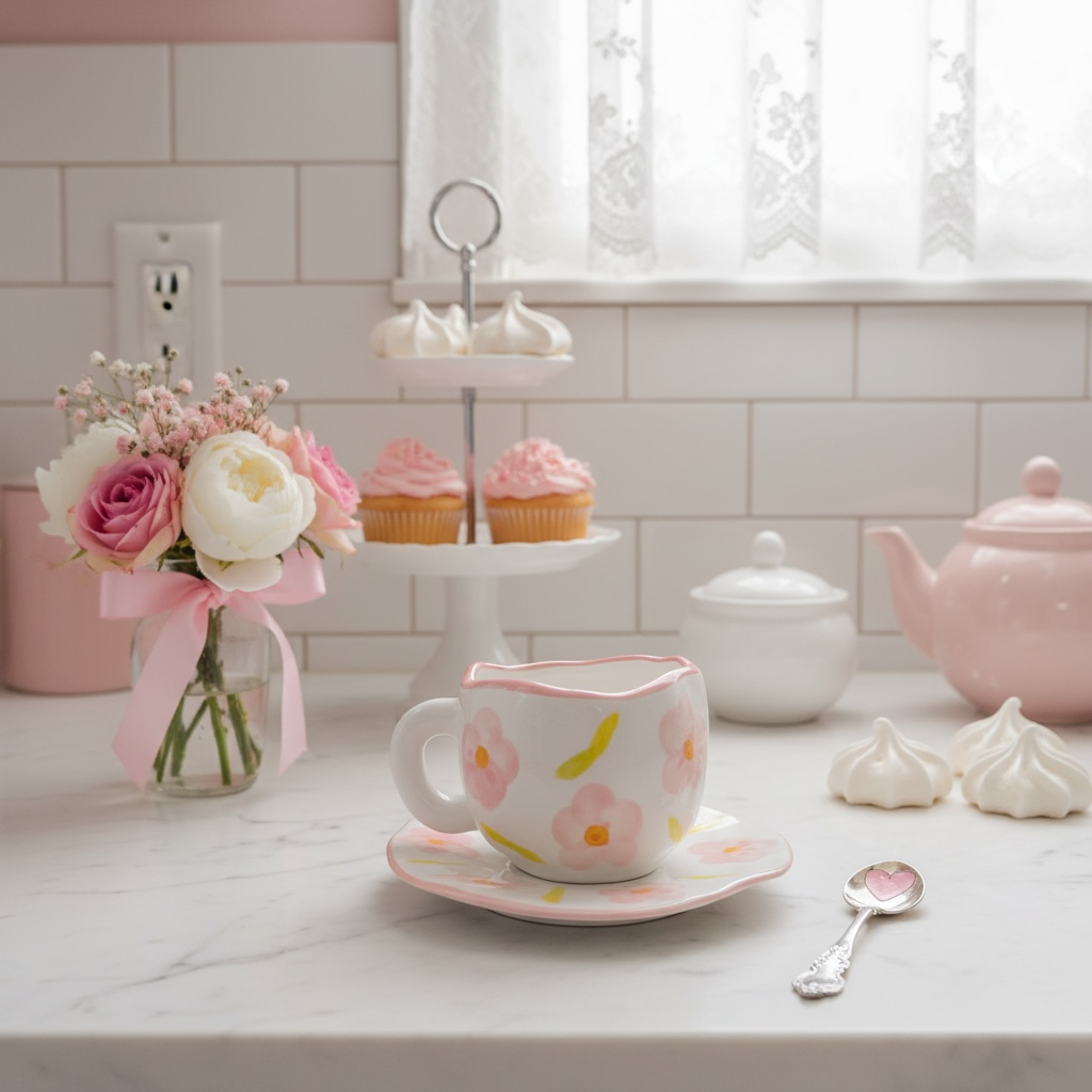 weiss Coquette Ästhetik Tasse mit rosa blumen