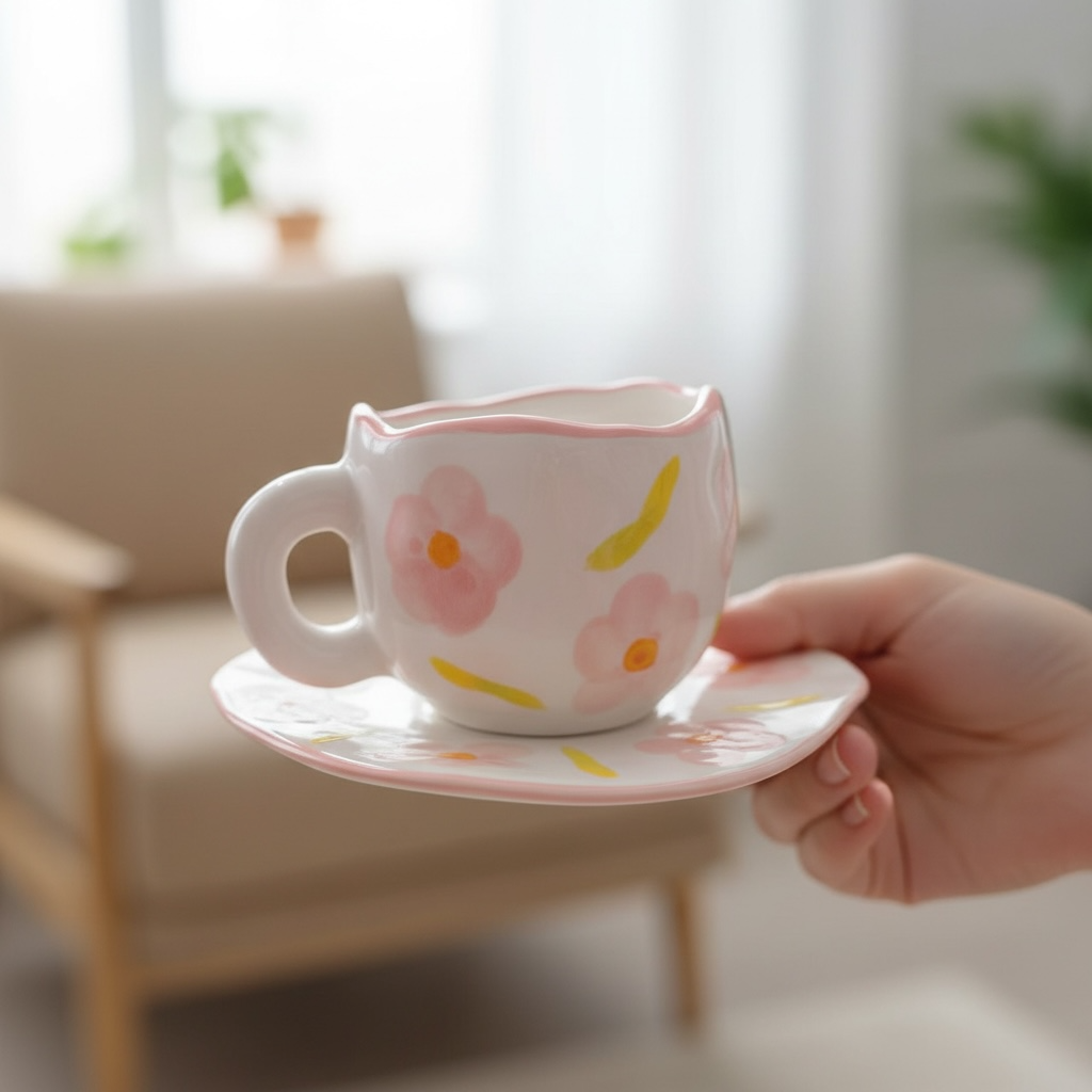 weiss Coquette Ästhetik Tasse mit rosa blumen