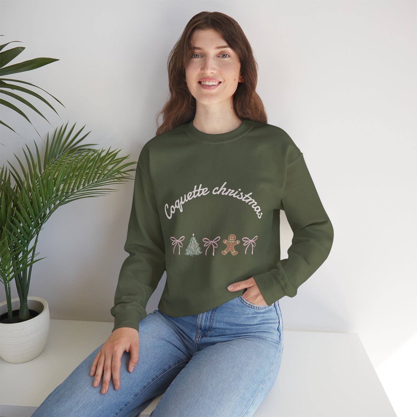 Christmas Crewneck Sweatshirt — "Coquette Christmas" Gingerbread & Tree Holiday Pullover