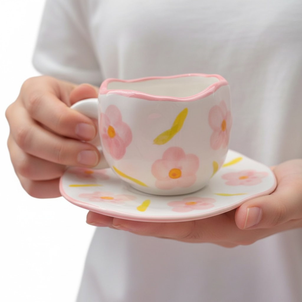 weiss Coquette Ästhetik Tasse mit rosa blumen