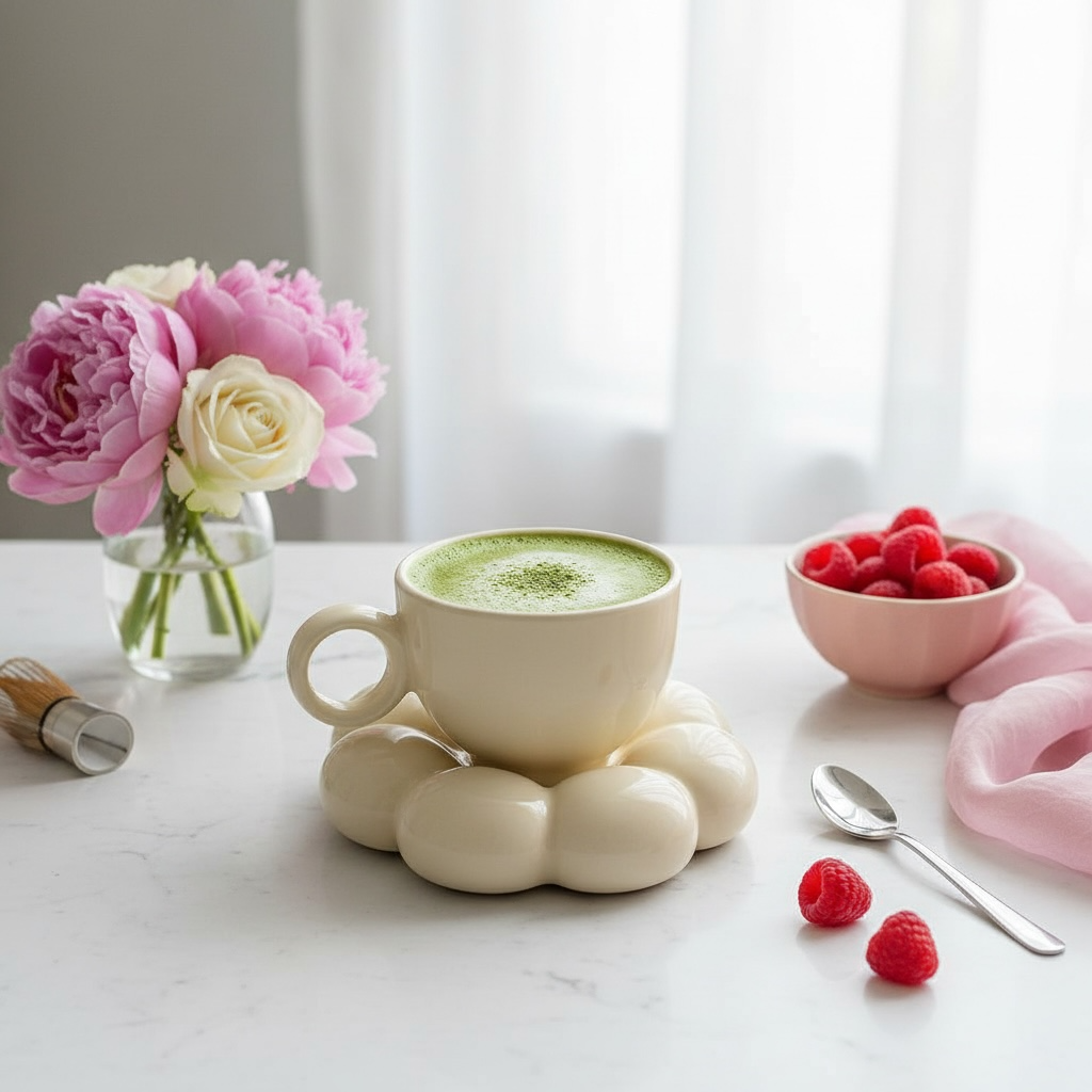 Glas in Gelb mit Wolkenblume – feminine Tasse