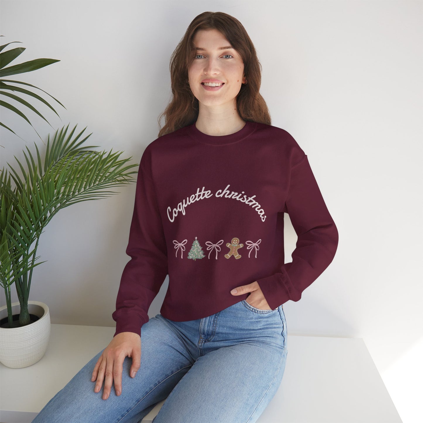 Christmas Crewneck Sweatshirt — "Coquette Christmas" Gingerbread & Tree Holiday Pullover