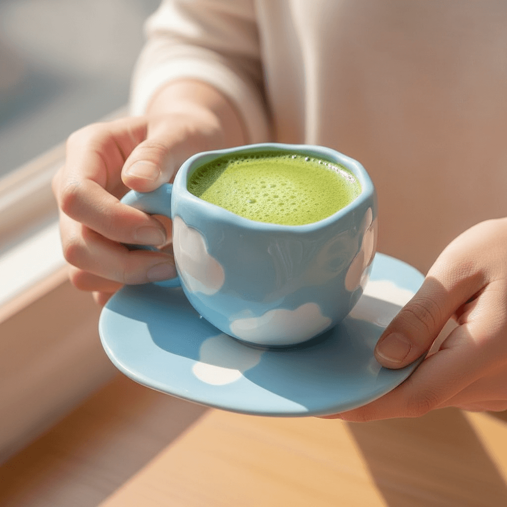 Schöne Tassen hellblau mit Wolkenmotiv
