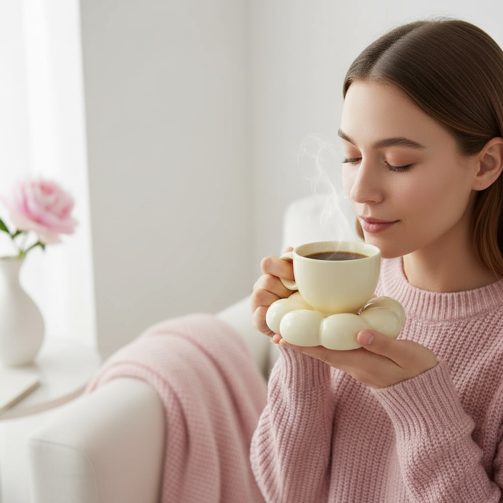 Glas in Gelb mit Wolkenblume – feminine Tasse