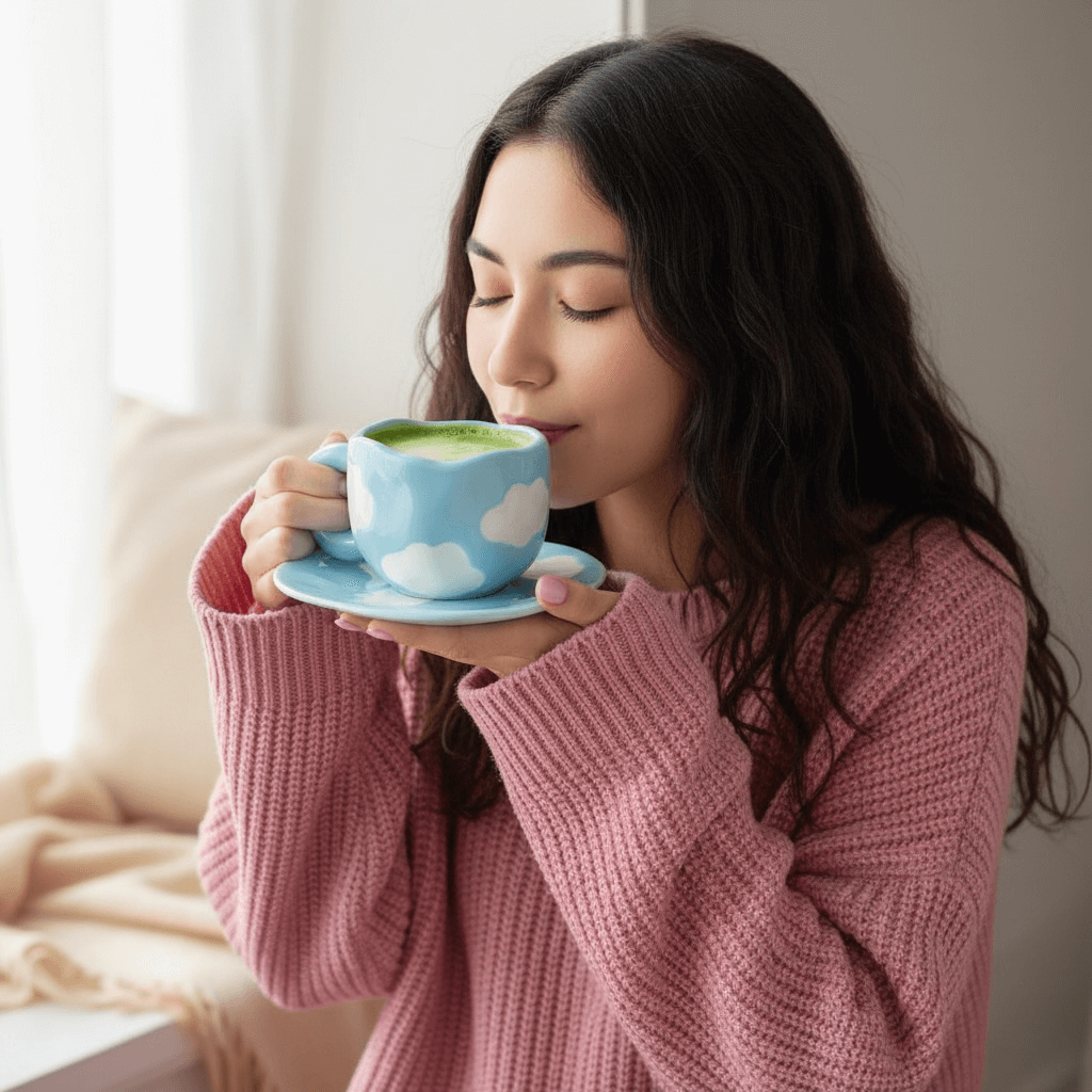Schöne Tassen hellblau mit Wolkenmotiv