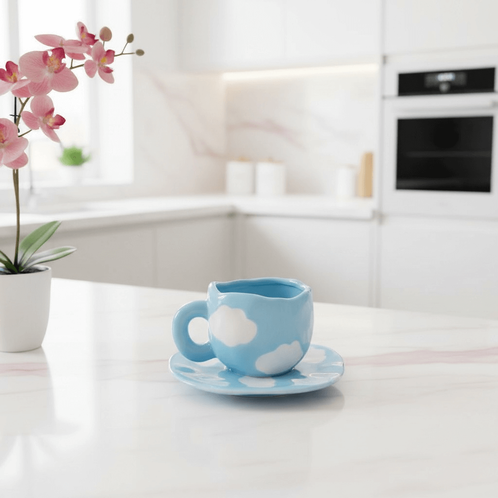 Schöne Tassen hellblau mit Wolkenmotiv