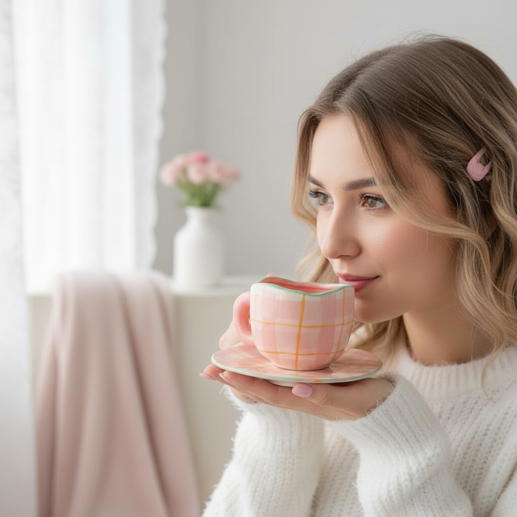 Schöne Gläser rosa Vintage Coquette Tasse Retro kariert